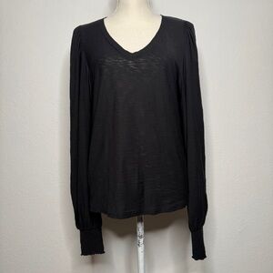 Nation LTD Black Pima Cotton Blouse V‑Neck Smocked Cuffs Lightweight Size M
